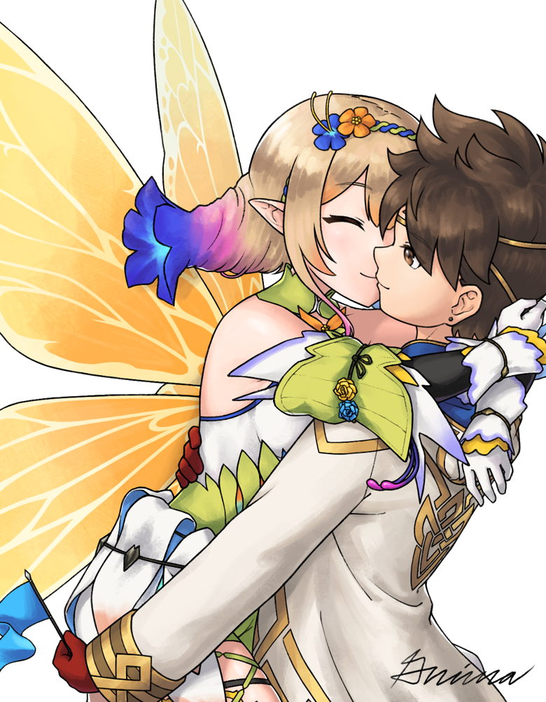 1boy, 1girl, blonde_hair, blue_flag, brown_hair, butterfly_wings, closed_eyes, commission