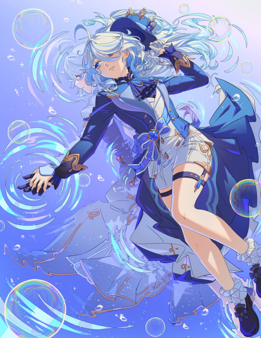 2girls, ahoge, arm_up, ascot, asymmetrical_gloves, black_gloves, blue_ascot, blue_eyes, blue_footwear, blue_gemstone, blue_hair, blue_hat, blue_jacket, bubble, focalors_(genshin_impact), furina_(genshin_impact), garter_straps, gem, genshin_impact, gloves, hair_between_eyes, hair_over_one_eye, hashtag-only_commentary, hat, highres, holding_hands, jacket, kodona, light_blue_hair, lolita_fashion, long_sleeves, looking_at_another, lying, mismatched_gloves, multicolored_hair, multiple_girls, on_back, on_water, parted_lips, ripples, salmonfordinner, shorts, smile, streaked_hair, top_hat, white_gloves, white_hair, white_shorts