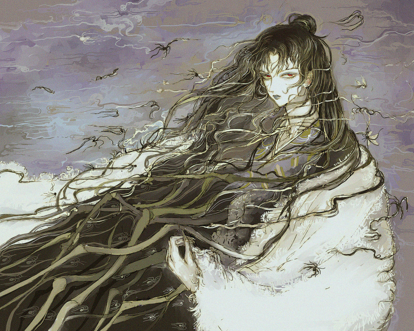 1other, absurdly_long_hair, arthropod_limbs, black_hair, blending, blue_lips, bossmonsterbani, bug
