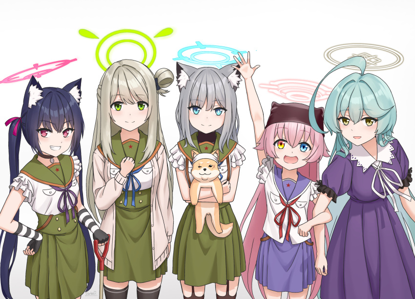 5girls, :d, ahoge, alternate_costume, animal_ear_fluff, animal_ears, animal_hug, arm_hug