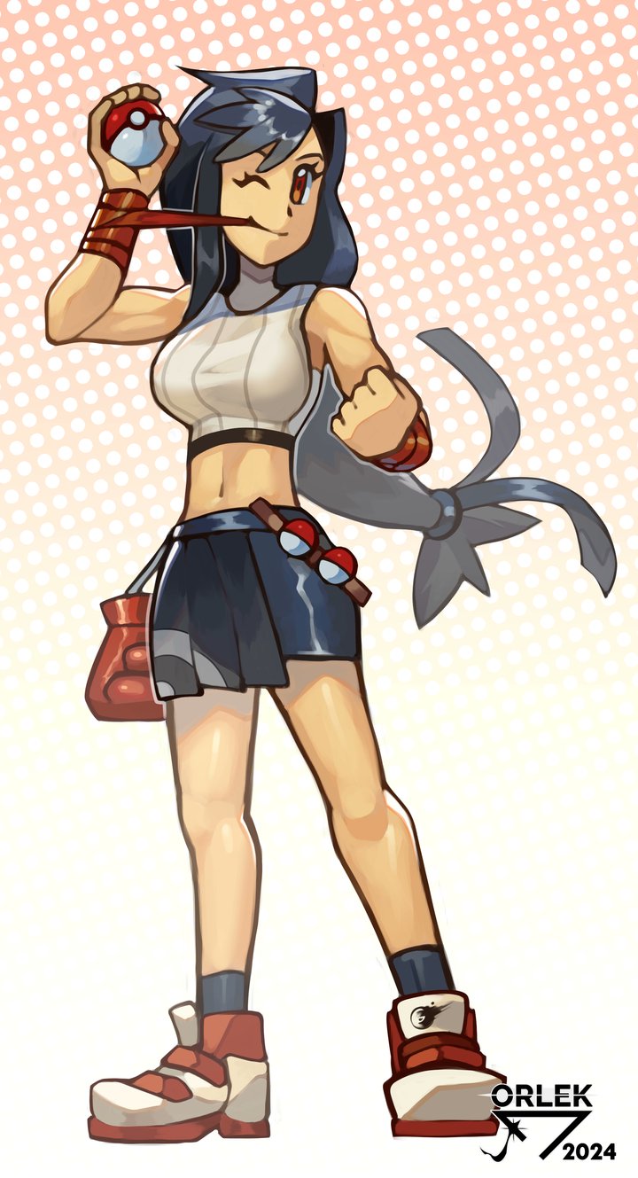 1girl, ankle_socks, bare_shoulders, black_hair, black_skirt, black_socks, boxing_gloves, breasts, clenched_hand, crop_top, crossover, final_fantasy, final_fantasy_vii, final_fantasy_vii_remake, full_body, hand_up, highres, holding, holding_poke_ball, large_breasts, logo, long_hair, looking_at_viewer, low-tied_long_hair, midriff, navel, one_eye_closed, orlek, poke_ball, poke_ball_(basic), pokemon, red_eyes, ribbed_shirt, shirt, shoes, skirt, sleeveless, smile, sneakers, socks, tank_top, tifa_lockhart, toned_female, white_shirt, white_tank_top, wrist_wrap