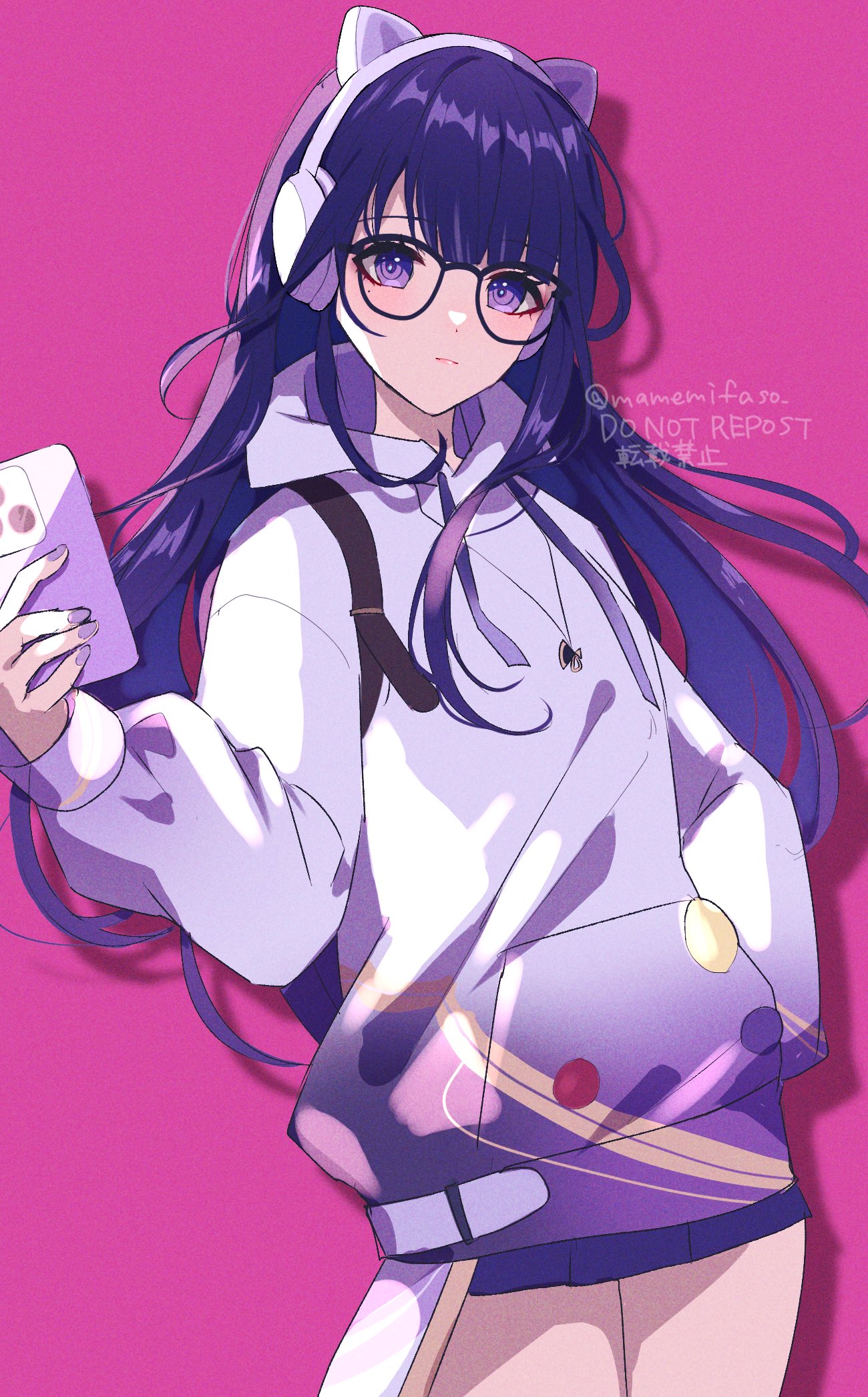 1girl, animal_ear_headphones, animal_ears, backpack, bag, black-framed_eyewear, blunt_bangs, cellphone