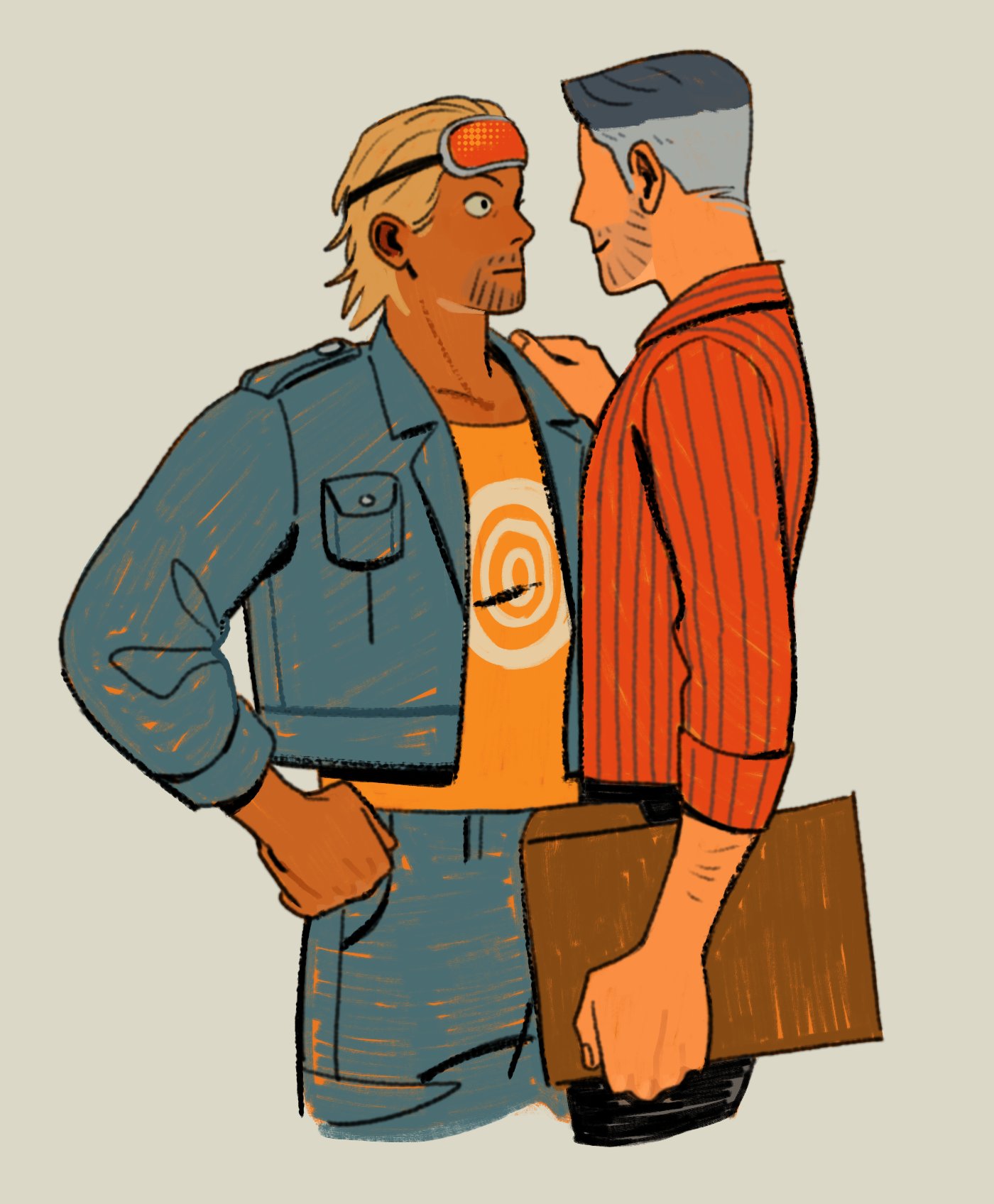 2boys, beard_stubble, black_pants, blonde_hair, blue_hair, blue_jacket, blue_pants, clenched_hand