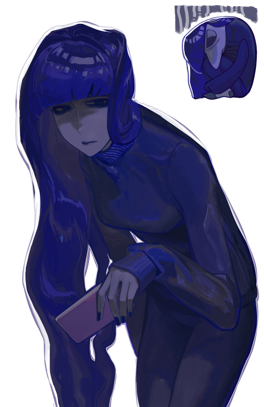 1girl, absurdres, black_eyes, blunt_bangs, cellphone, closed_mouth, colored_skin, ennui_(inside_out_2)