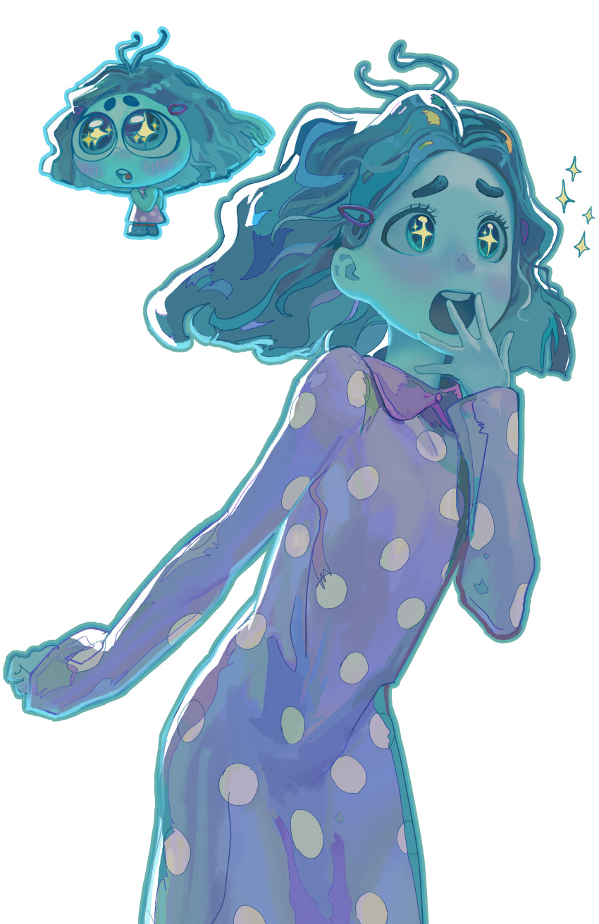 +_+, 1girl, absurdres, blue_eyes, blue_hair, covering_own_mouth, dress, envy_(inside_out_2), hair_ornament, hairclip, highres, inside_out, inside_out_2, open_mouth, polka_dot, polka_dot_dress, purple_dress, qianyu_rainz, simple_background, sparkle, symbol-shaped_pupils, teeth, upper_teeth_only, white_background