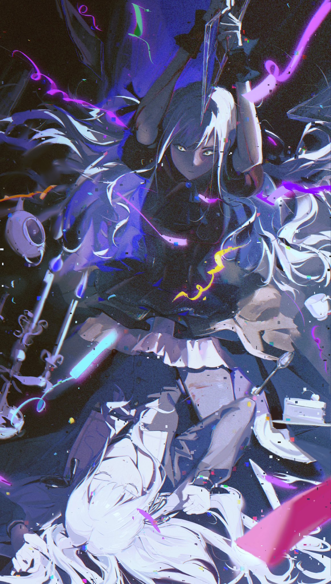 2girls, arms_up, ascot, bang_dream!, bang_dream!_it's_mygo!!!!!, black_ascot, black_ribbon, black_shirt