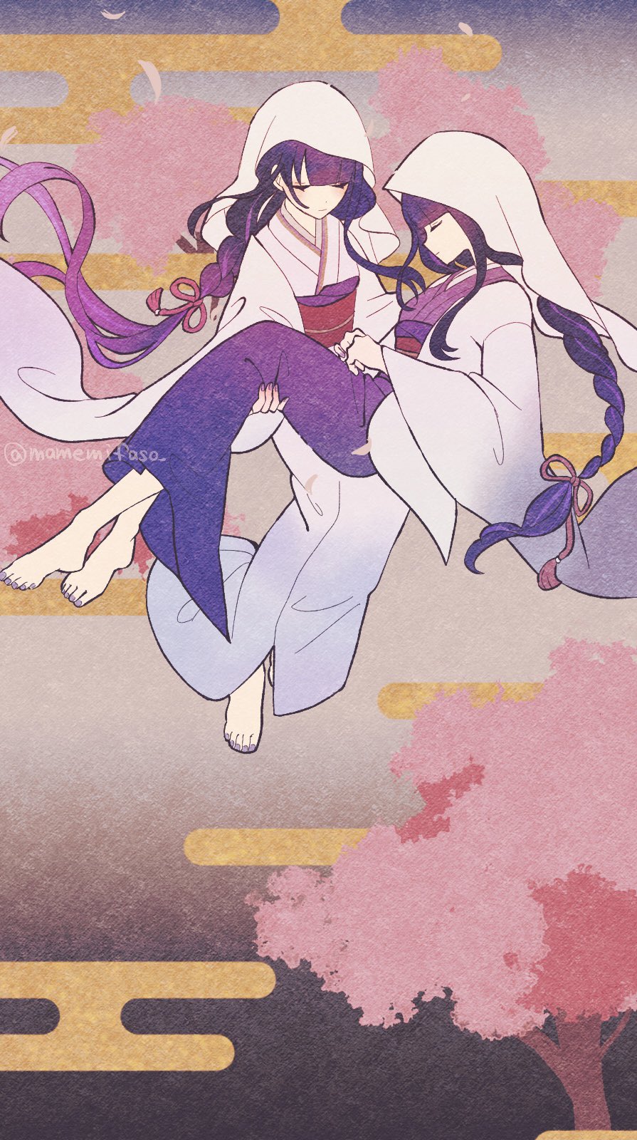 2girls, barefoot, blunt_bangs, braid, carrying, cherry_blossoms, closed_eyes, closed_mouth