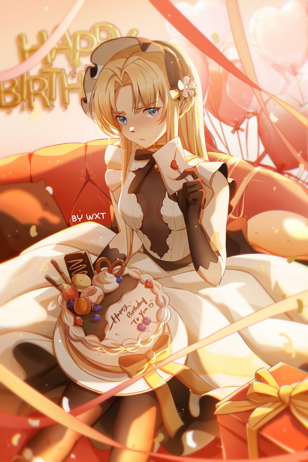 1girl, alternate_costume, azur_lane, balloon, berry, birthday_cake, black_gloves, blonde_hair
