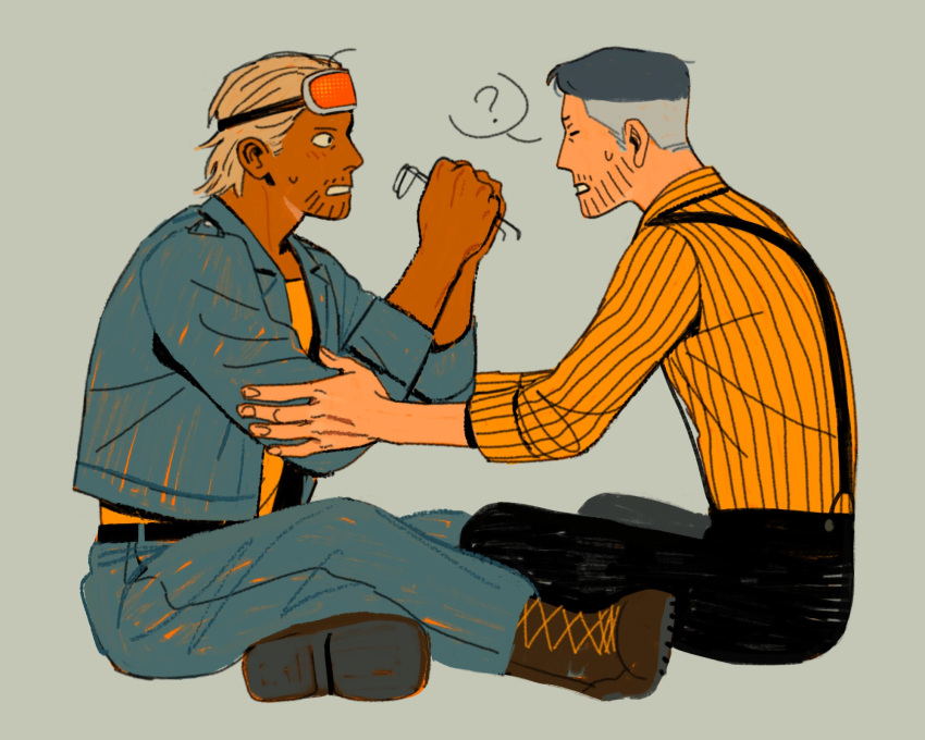 2boys, ?, beard_stubble, belt, black_belt, black_pants, black_suspenders, blonde_hair