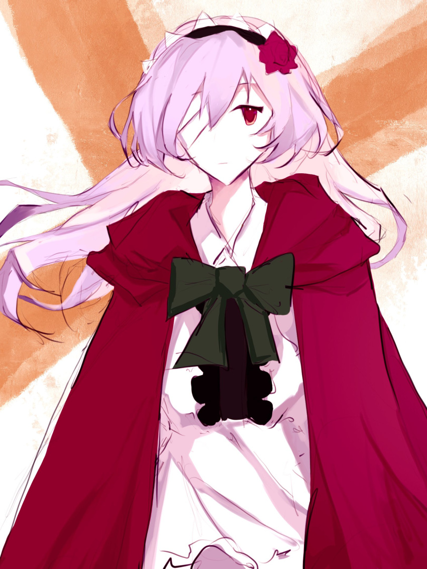 1girl, bandage_over_one_eye, black_hairband, bow, bowtie, center_frills, cloak, closed_mouth
