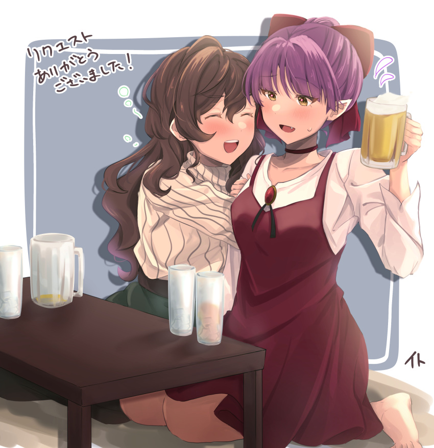 2girls, absurdres, alcohol, barefoot, beer, beer_mug, blush, bow