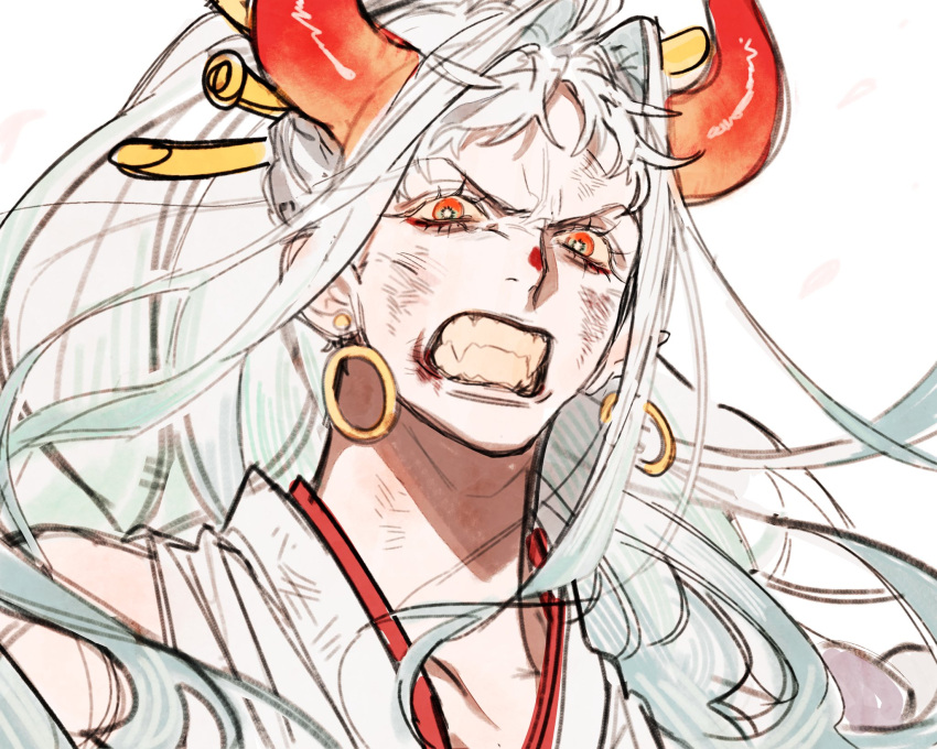 1girl, angry, close-up, earrings, fangs, green_hair, hair_ornament, highres, horns, injury, japanese_clothes, jewelry, kimono, long_hair, looking_at_viewer, mnnd, multicolored_hair, multicolored_horns, one_piece, open_mouth, red_eyes, red_horns, simple_background, solo, teeth, white_background, white_hair, yamato_(one_piece)