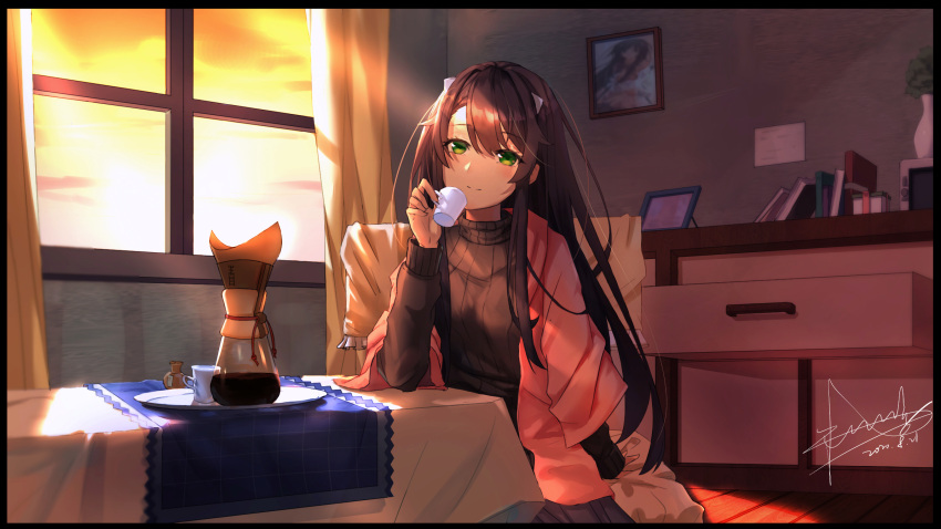 1girl, brown_hair, cup, green_eyes, highres, horn_hair_ornament, kotatsu, long_hair