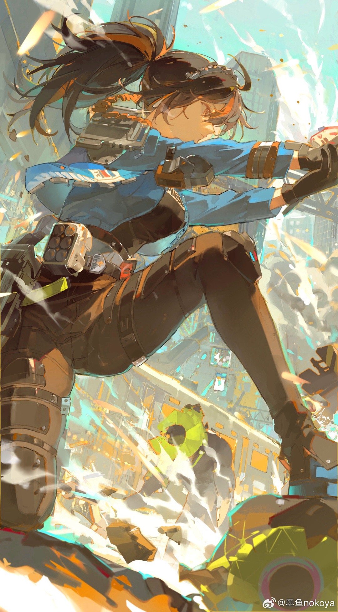 aiming, belt, black_belt, black_footwear, black_gloves, black_hair, black_shirt, blue_jacket, blue_sky, breasts, chinese_commentary, city, closed_mouth, clouds, commentary_request, day, debris, explosion, expressionless, fighting, gloves, grey_belt, hand_on_hand, highres, holding, holding_weapon, jacket, knee_pads, large_breasts, long_hair, long_sleeves, magazine_(weapon), monster, multicolored_hair, multiple_belts, nokoya, open_clothes, open_jacket, orange_eyes, orange_hair, outdoors, outstretched_arms, shirt, shoes, sky, streaked_hair, thigh_strap, weapon, weibo_watermark, zenless_zone_zero, zhu_yuan