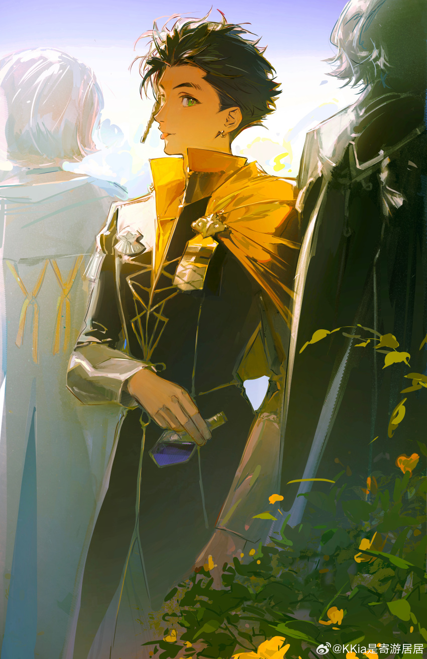 1girl, 2boys, :p, absurdres, black_cloak, black_coat, black_hair, blue_choker