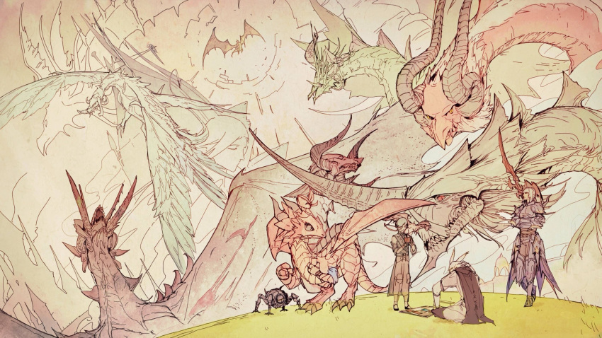 3boys, animal_focus, artist_request, azdaja_(ff14), bahamut_(final_fantasy), chinese_commentary, commentary_request, curled_horns