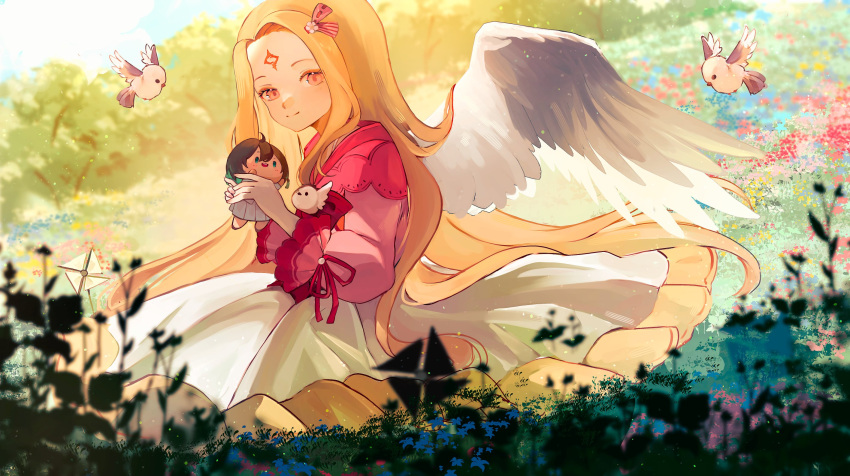 1girl, benghuai_xueyuan, bird, blonde_hair, commentary, facial_mark, feathered_wings, field