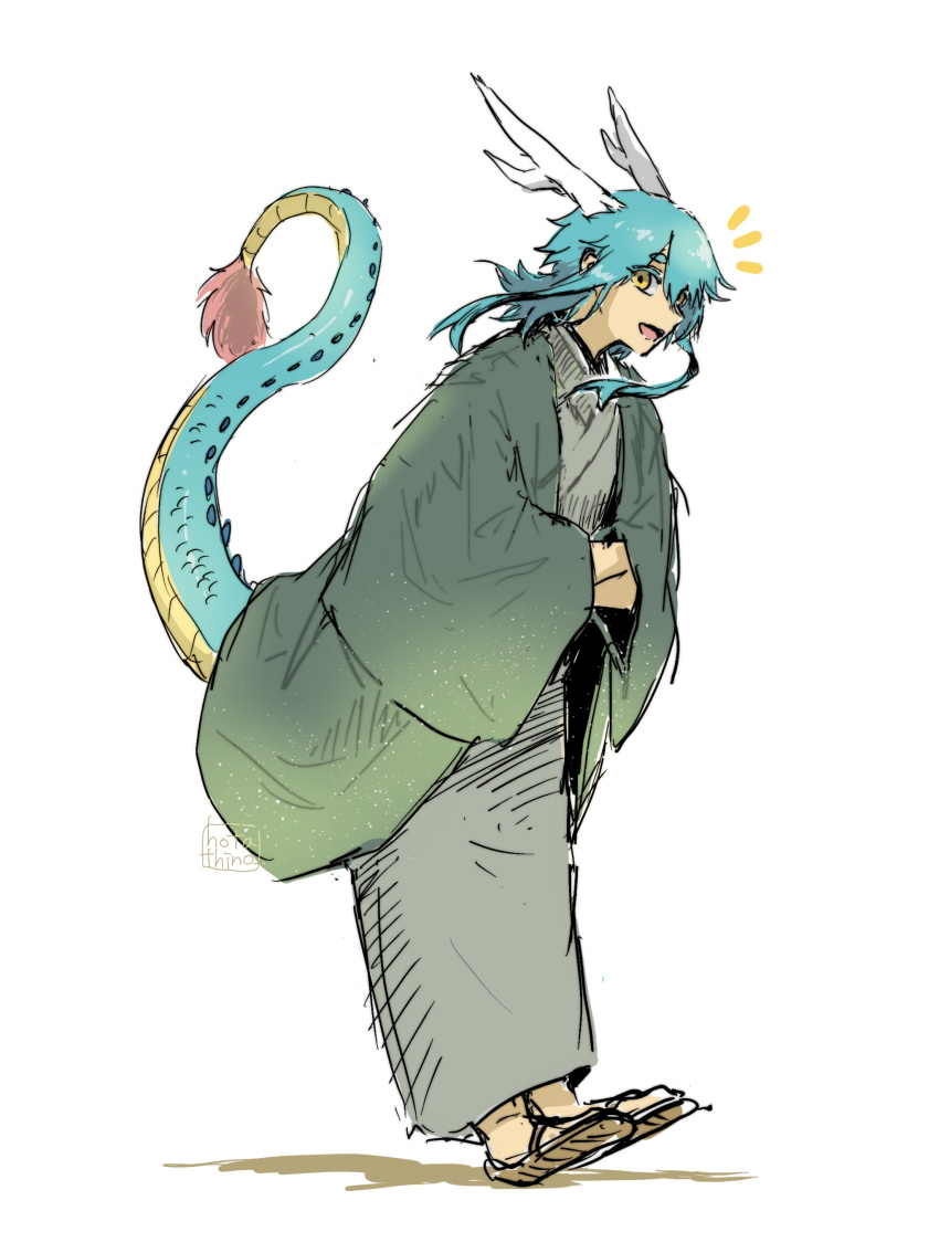 1boy, absurdres, blue_hair, coat, colored_eyelashes, commentary_request, dragon_boy, eastern_dragon_horns