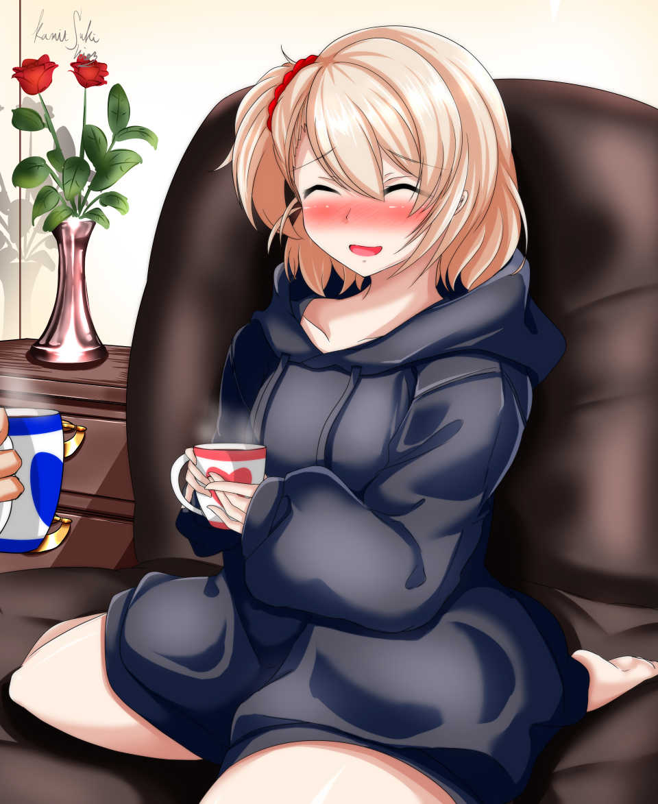 1girl, azur_lane, black_hoodie, blonde_hair, blush, closed_eyes, collarbone, cup