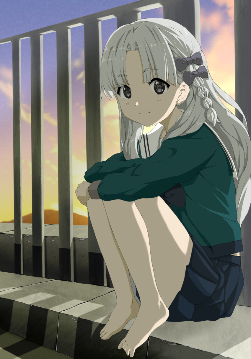 1girl, 22/7, barefoot, black_bow, black_bowtie, black_skirt, bow, bowtie