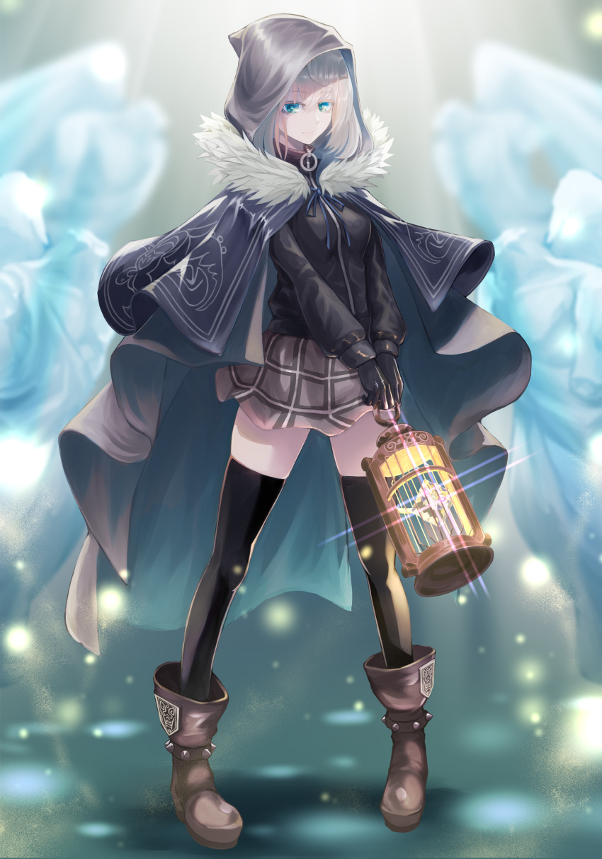 1girl, absurdres, add_(fate), aqua_eyes, birdcage, black_cloak, black_dress, boots, breasts, cage, cloak, cube, dress, fate_(series), full_body, fur-trimmed_cloak, fur_trim, gray_(fate), grey_hair, harnetyss, highres, hood, hooded_cloak, long_hair, long_sleeves, looking_at_viewer, lord_el-melloi_ii_case_files, medium_breasts, sidelocks