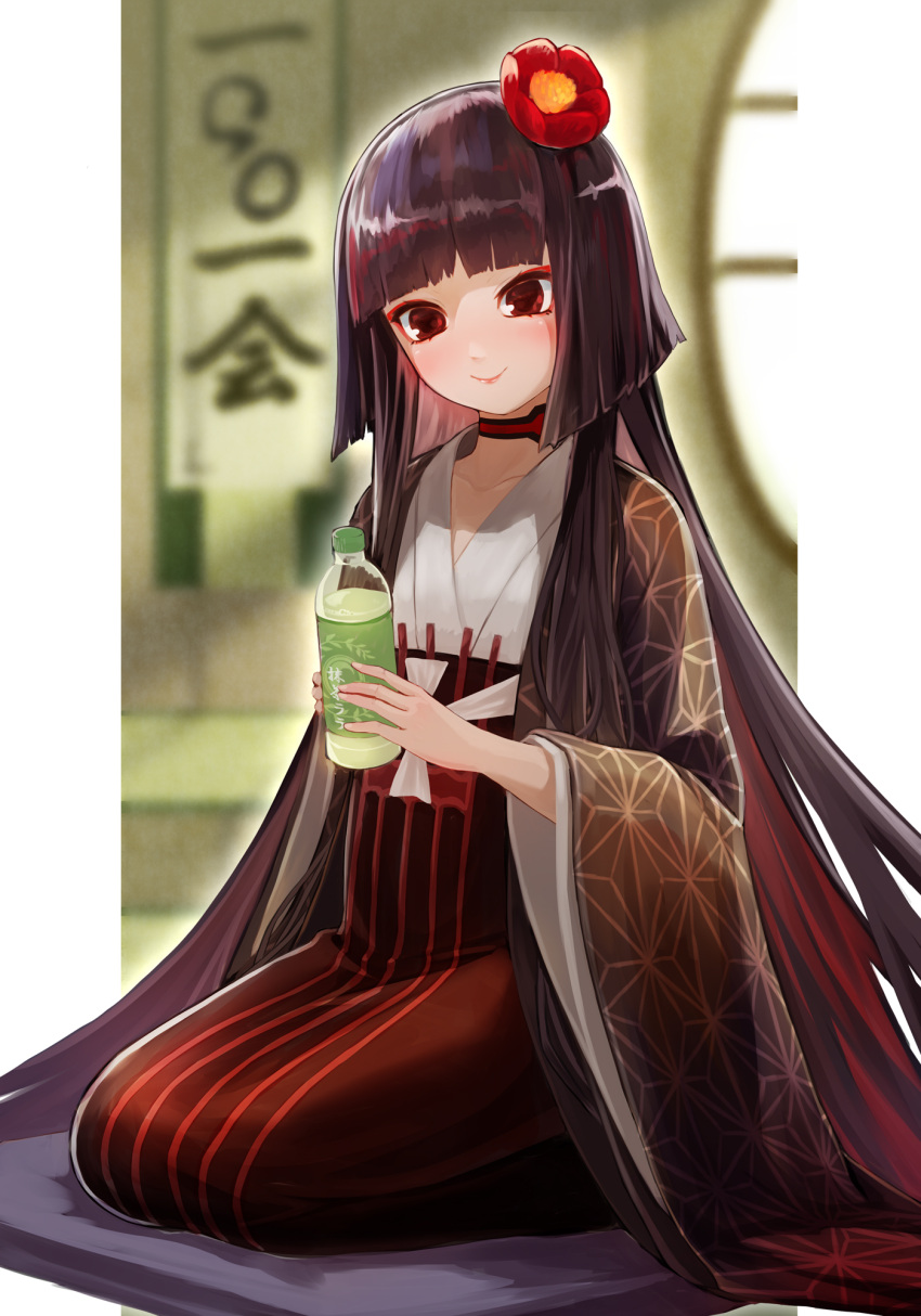 1girl, black_eyes, black_hair, black_hakama, black_kimono, blunt_bangs, bottle, breasts