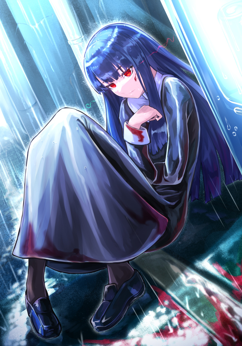 1girl, asagami_fujino, black_dress, blood, blood_on_clothes, blue_hair, breasts, dress