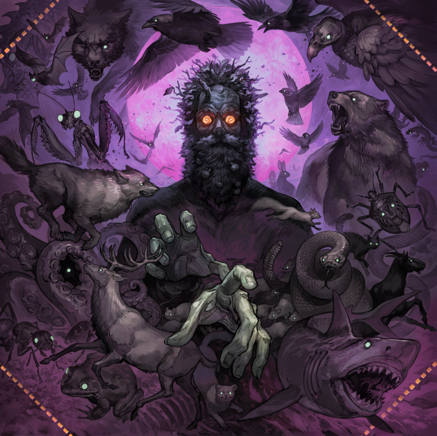 1boy, absurdres, ant, bat_(animal), bear, bird, bug, crow