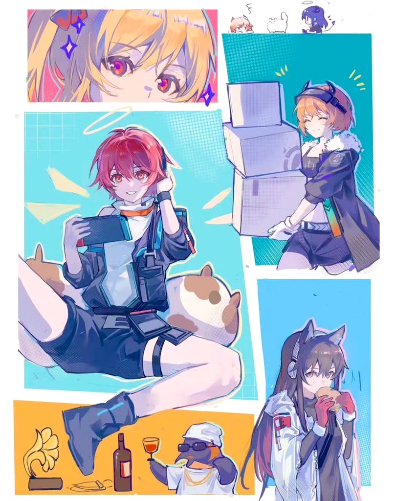 4girls, animal_ear_fluff, animal_ears, arknights, bag, beanie, bird, black_hair