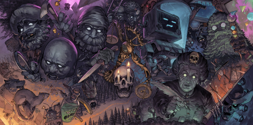 3girls, 4others, 6+boys, absurdres, angler_(inscryption), balance_scale, bald, bear_trap