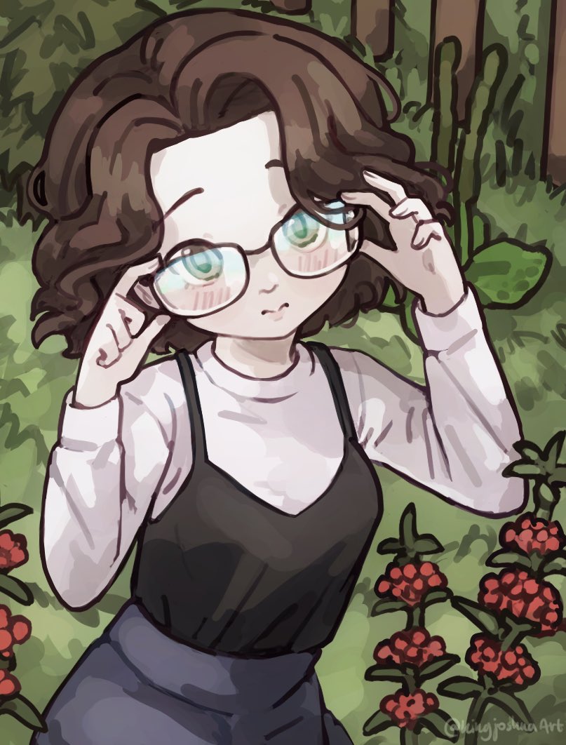 1girl, adjusting_eyewear, black_shirt, blue_skirt, blush, brown_hair, closed_mouth, commentary