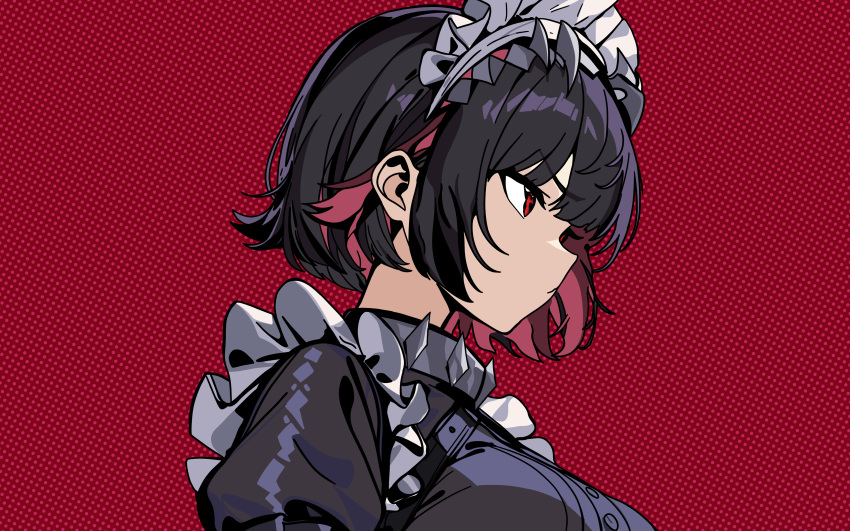 1girl, absurdres, black_dress, black_hair, breasts, buttons, collar, colored_inner_hair, dress, ellen_joe, highres, large_breasts, looking_to_the_side, maid, maid_headdress, metal_collar, metal_hairband, multicolored_hair, pout, red_background, red_eyes, redhead, shark_girl, short_hair, short_sleeves, simple_background, solo, spiked_collar, spiked_headband, spikes, upper_body, xmys, zenless_zone_zero