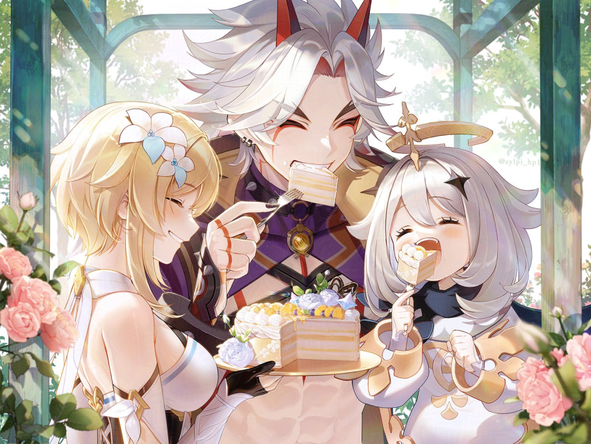 1boy, 2girls, abs, arataki_itto, bare_shoulders, black_gloves, black_nails, blonde_hair