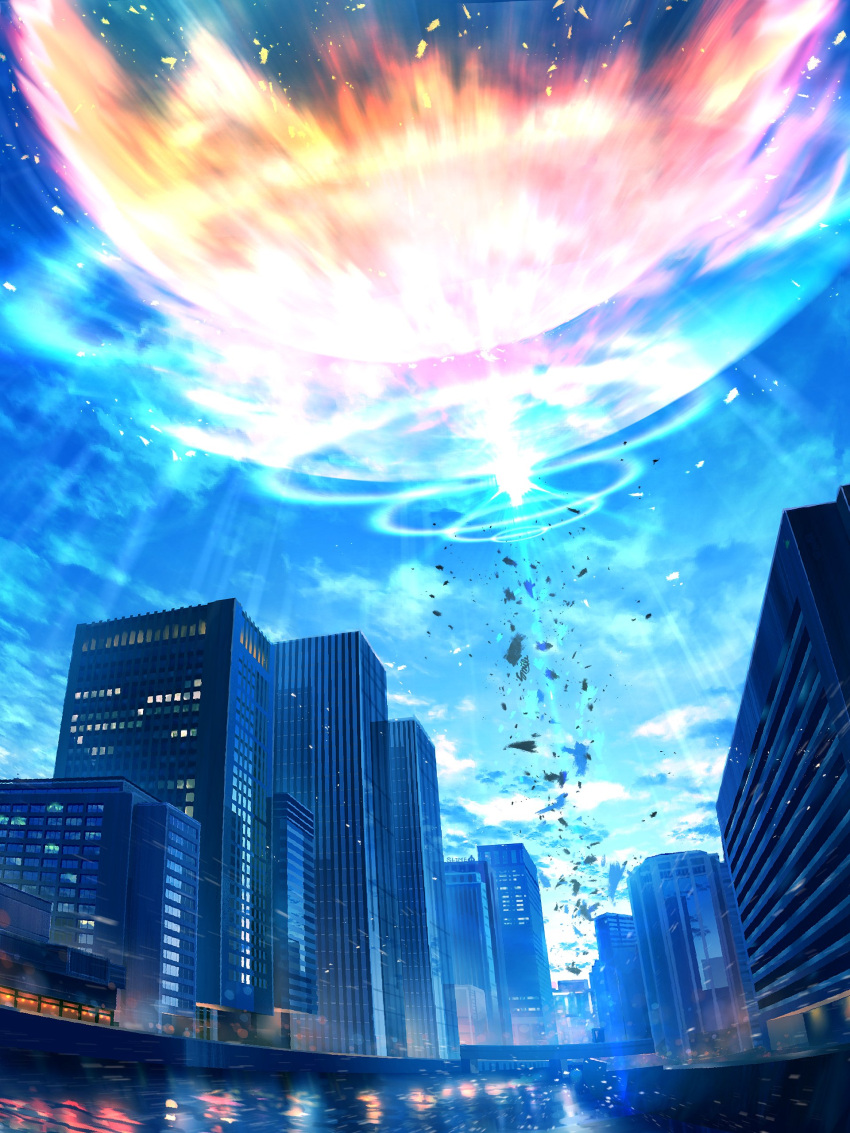 absurdres, blue_background, blue_sky, broken, city, cityscape, clouds, cloudy_sky