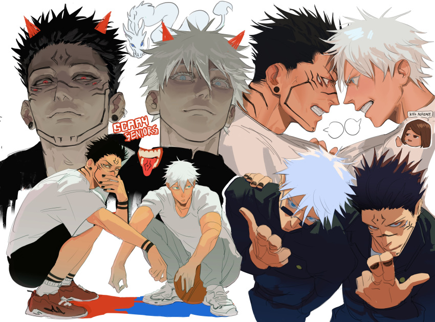 2boys, absurdres, arm_tattoo, black_hair, blue_eyes, extra_eyes, facial_tattoo, glasses