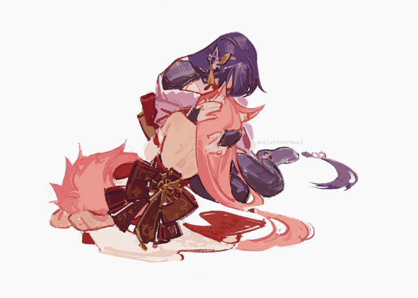 2girls, animal_ears, back, bare_back, bare_shoulders, black_bow, black_thighhighs, blunt_bangs, bow, braid, couple, detached_sleeves, enilehtnorevol, from_behind, genshin_impact, hair_ornament, hands_on_another's_head, hands_up, hug, japanese_clothes, leaning_forward, leaning_on_person, leaning_to_the_side, long_braid, long_hair, long_sleeves, lying, lying_on_person, multiple_girls, off_shoulder, on_side, pink_hair, raiden_shogun, ribbon, seiza, simple_background, single_braid, sitting, tail, thigh-highs, white_background, yae_miko, yuri