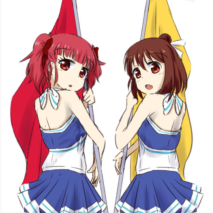 2girls, anima_yell!, blue_dress, brown_eyes, brown_hair, cheering, cheerleader, multiple_girls