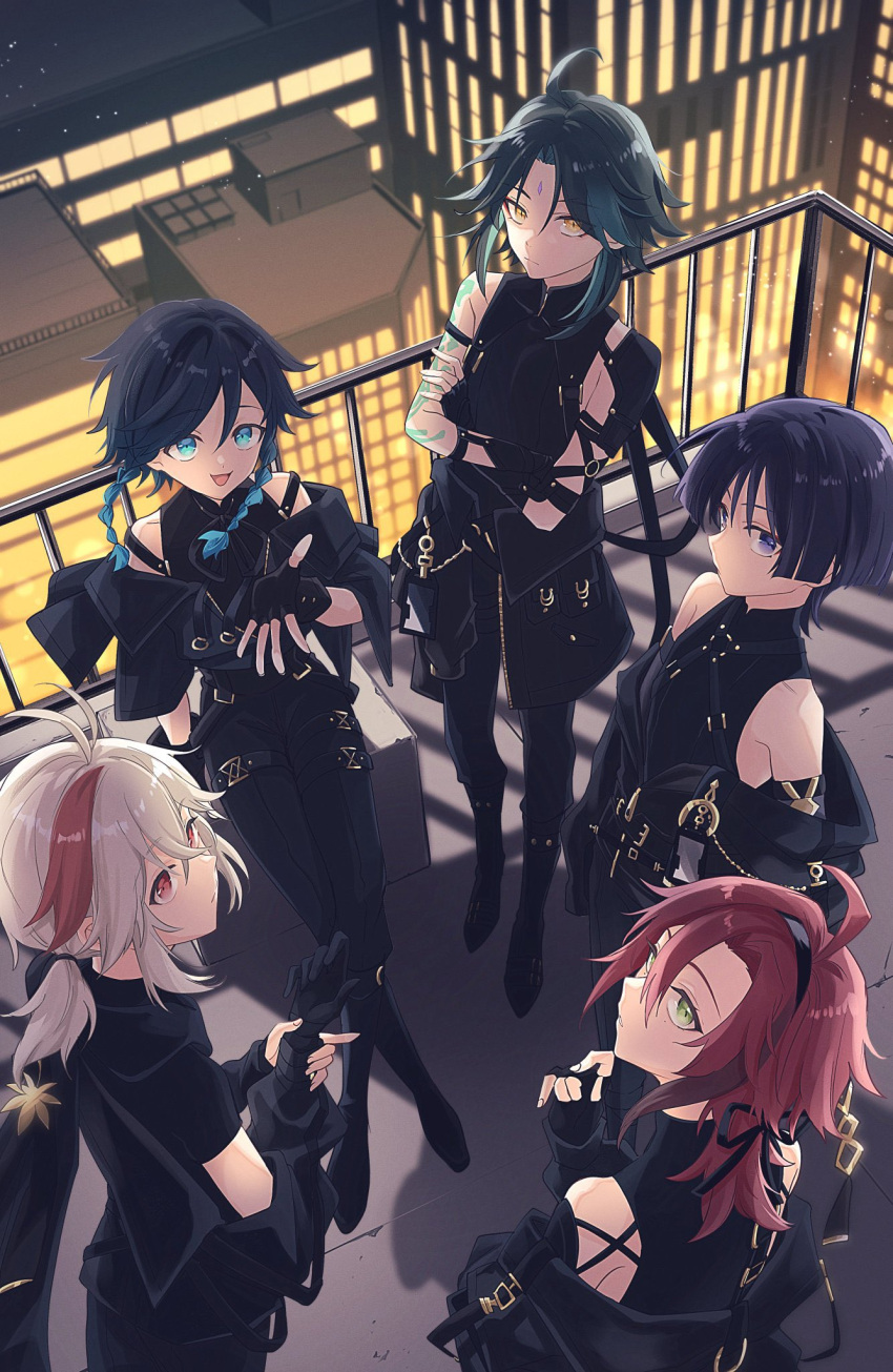 5boys, :d, ahoge, antenna_hair, aqua_eyes, aqua_hair, arm_strap, arm_tattoo, bare_shoulders, belt, belt_buckle, black_belt, black_footwear, black_gloves, black_hair, black_jacket, black_pants, black_ribbon, black_shirt, blunt_ends, boots, braid, brown_hair, buckle, building, chest_harness, choppy_bangs, city, closed_mouth, clothes_around_waist, commentary_request, cropped_jacket, crossed_arms, diamond-shaped_pupils, diamond_(shape), expressionless, eyeshadow, facial_mark, fingerless_gloves, floating_hair, forehead_mark, from_above, frown, genshin_impact, gloves, green_eyes, green_hair, hair_between_eyes, hand_up, harness, highres, jacket, kaedehara_kazuha, knee_boots, light_particles, long_hair, long_sleeves, looking_at_viewer, looking_back, looking_up, low_ponytail, makeup, male_focus, medium_hair, mole, mole_under_eye, multicolored_hair, multiple_belts, multiple_boys, multiple_moles, night, o-ring, o-ring_harness, off_shoulder, open_mouth, outdoors, pants, parted_bangs, parted_lips, pocket, ponytail, purple_hair, railing, red_eyes, red_eyeshadow, redhead, ribbon, rooftop, scaramouche_(genshin_impact), shadow, shikanoin_heizou, shirt, short_hair, short_sleeves, side_braids, single_glove, sitting, sleeveless, sleeveless_shirt, smile, standing, streaked_hair, swept_bangs, symbol-shaped_pupils, tattoo, thigh_strap, twin_braids, venti_(genshin_impact), violet_eyes, wanderer_(genshin_impact), white_hair, xiao_(genshin_impact), y0moru, yellow_eyes, zipper