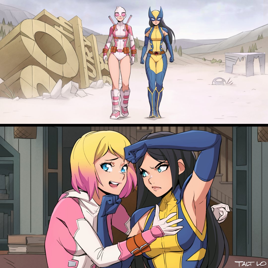 20th_century_studios, 2girls, artist_name, belt, black_hair, blonde_hair, blue_eyes, bodysuit, book, bookshelf, boots, breasts, clenched_hands, clouds, cloudy_sky, cosplay, deadpool_&amp;_wolverine, deadpool_(movie), deadpool_(series), elbow_gloves, english_commentary, gloves, gradient_hair, gwenpool, indoors, laura_kinney, leotard, long_hair, looking_at_viewer, marvel, mask, mountain, multicolored_hair, multicolored_leotard, multiple_girls, open_mouth, outdoors, pink_bodysuit, pink_hair, pink_leotard, pouch, rock, sheath, sheathed, short_hair, signature, sky, stairs, superhero_costume, sword, sword_on_back, talt_lo, teeth, tree, two-tone_bodysuit, upper_teeth_only, weapon, weapon_on_back, wolverine_(x-men), wolverine_(x-men)_(cosplay), wrist_guards, wrist_straps, x-23