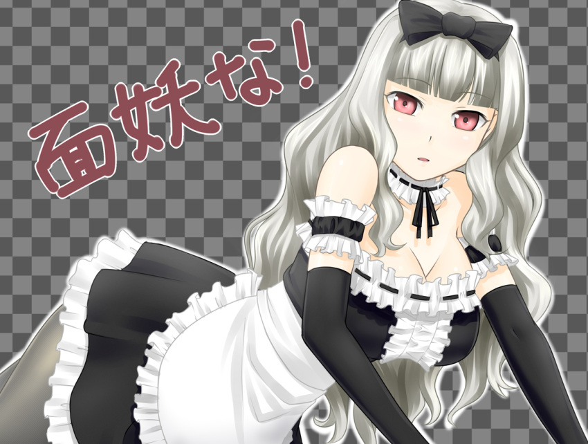 arm_garter, bare_shoulders, bow, breasts, checkered, checkered_background, choker, cleavage