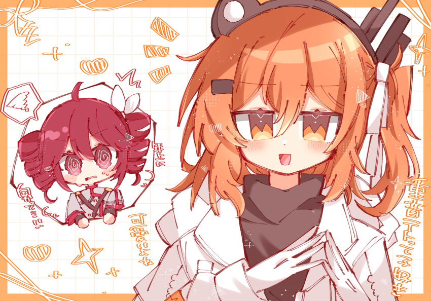 2girls, a.i._voice, adachi_rei, ahoge, black_shirt, buttons, drill_hair, embarrassed, gloves, grey_jacket, hair_ribbon, headlamp, highres, jacket, kasane_teto, kasane_teto_(sv), looking_at_viewer, multiple_girls, nanashi_(pos_t_0w0), open_clothes, open_jacket, orange_background, orange_hair, radio_antenna, red_eyes, redhead, ribbon, shirt, short_hair, shoulder_belt, smile, synthesizer_v, tongue, twin_drills, upper_body, utau, white_background, white_gloves, white_jacket, white_ribbon