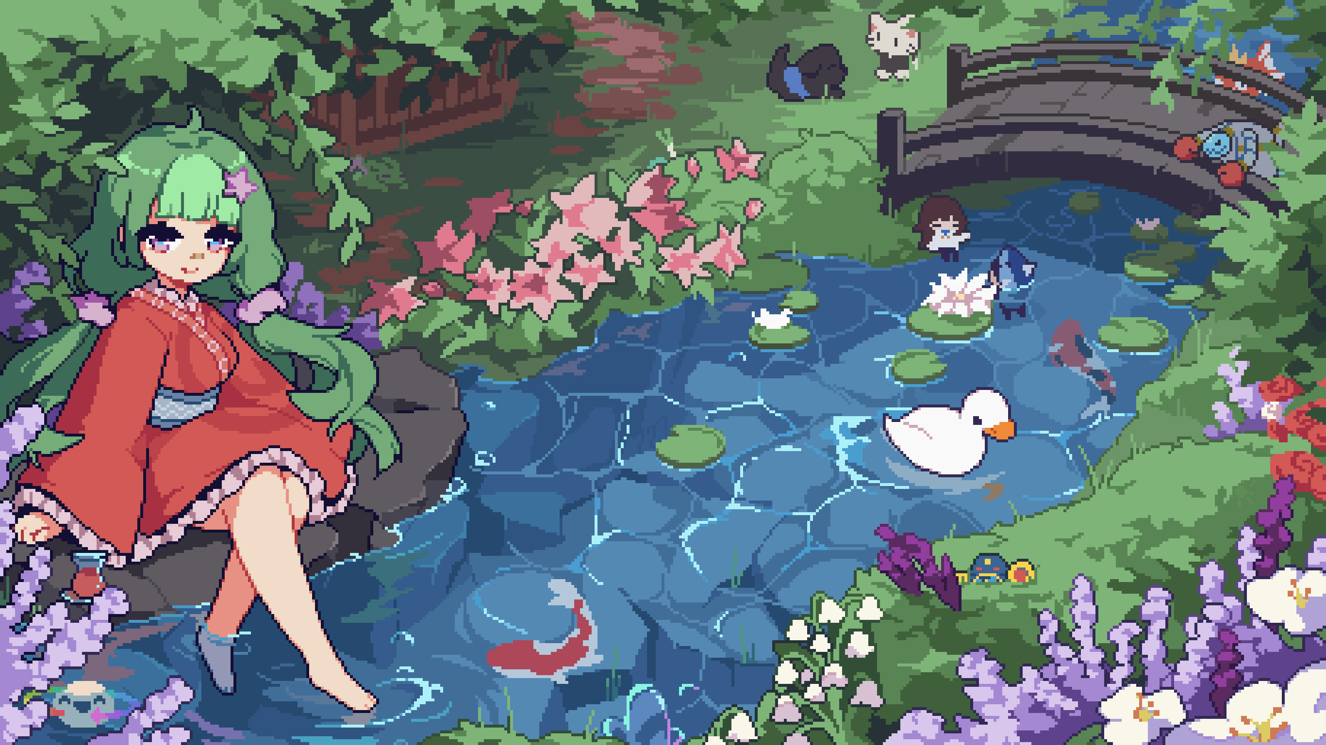 2girls, air_man, animal, arch_bridge, barefoot, bird, blunt_bangs, bush