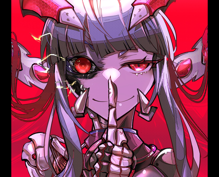 1girl, android, artificial_eye, black_hair, cyborg, damaged, electricity, evil_smile