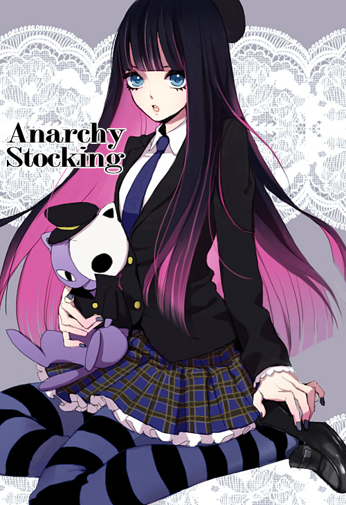 blue_eyes, fingernails, hat, honekoneko_(psg), kneeling, long_hair, multicolored_hair, nail_polish