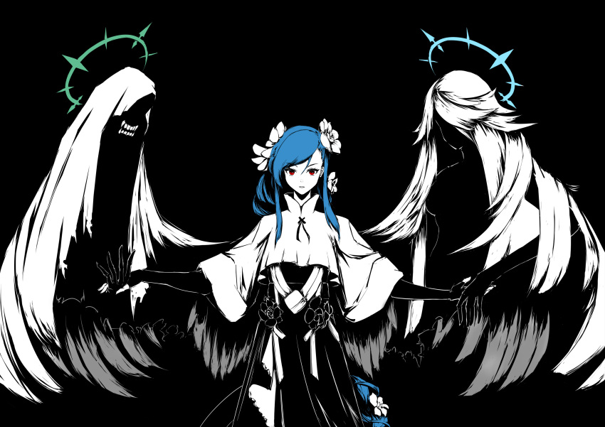 1girl, angel_wings, black_background, blue_hair, braid, dizzy_(guilty_gear), fingerless_gloves, flower