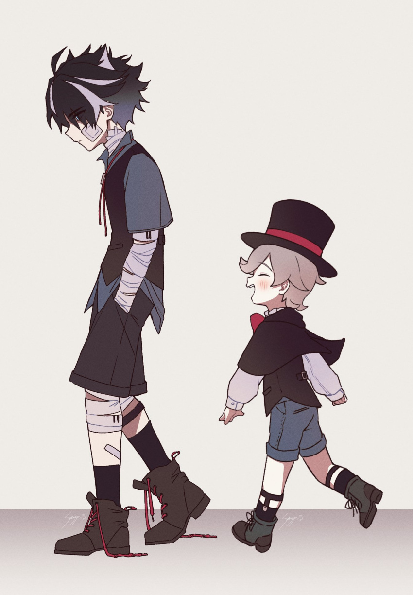 2boys, :d, ^_^, aged_down, artist_name, bandaged_arm, bandaged_leg, bandages