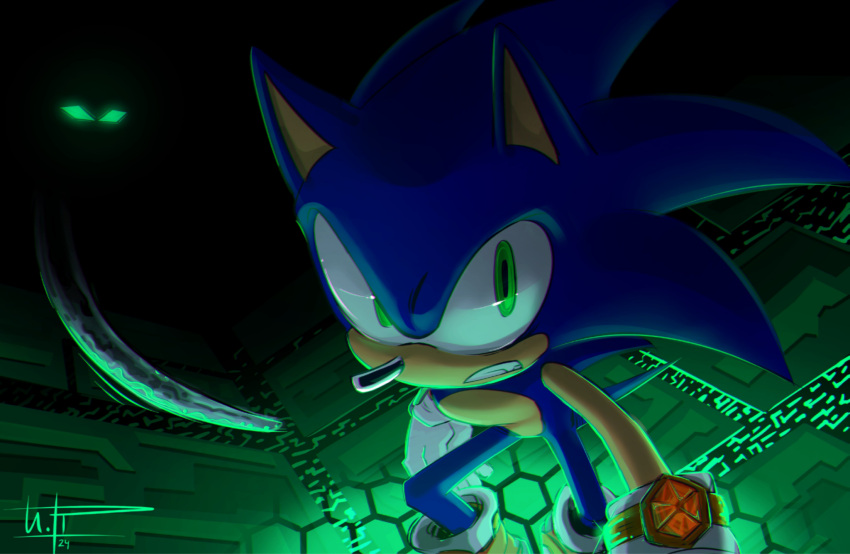 1boy, animal_ears, animal_nose, artificial_chaos, clenched_teeth, commentary, english_commentary, furry, furry_male, gloves, green_eyes, highres, ira_theartist, male_focus, signature, solo_focus, sonic_(series), sonic_adventure_2, sonic_the_hedgehog, standing, tail, teeth, white_gloves