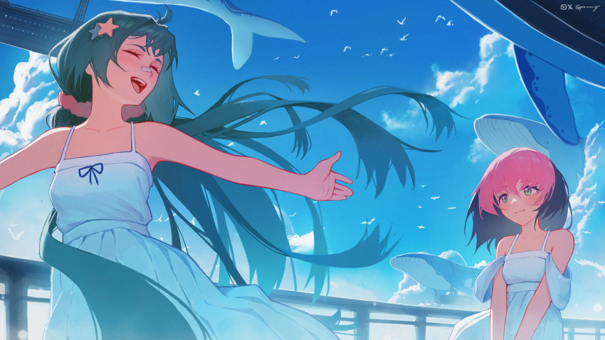 2girls, ahoge, black_hair, blue_sky, breasts, closed_eyes, closed_mouth, clouds