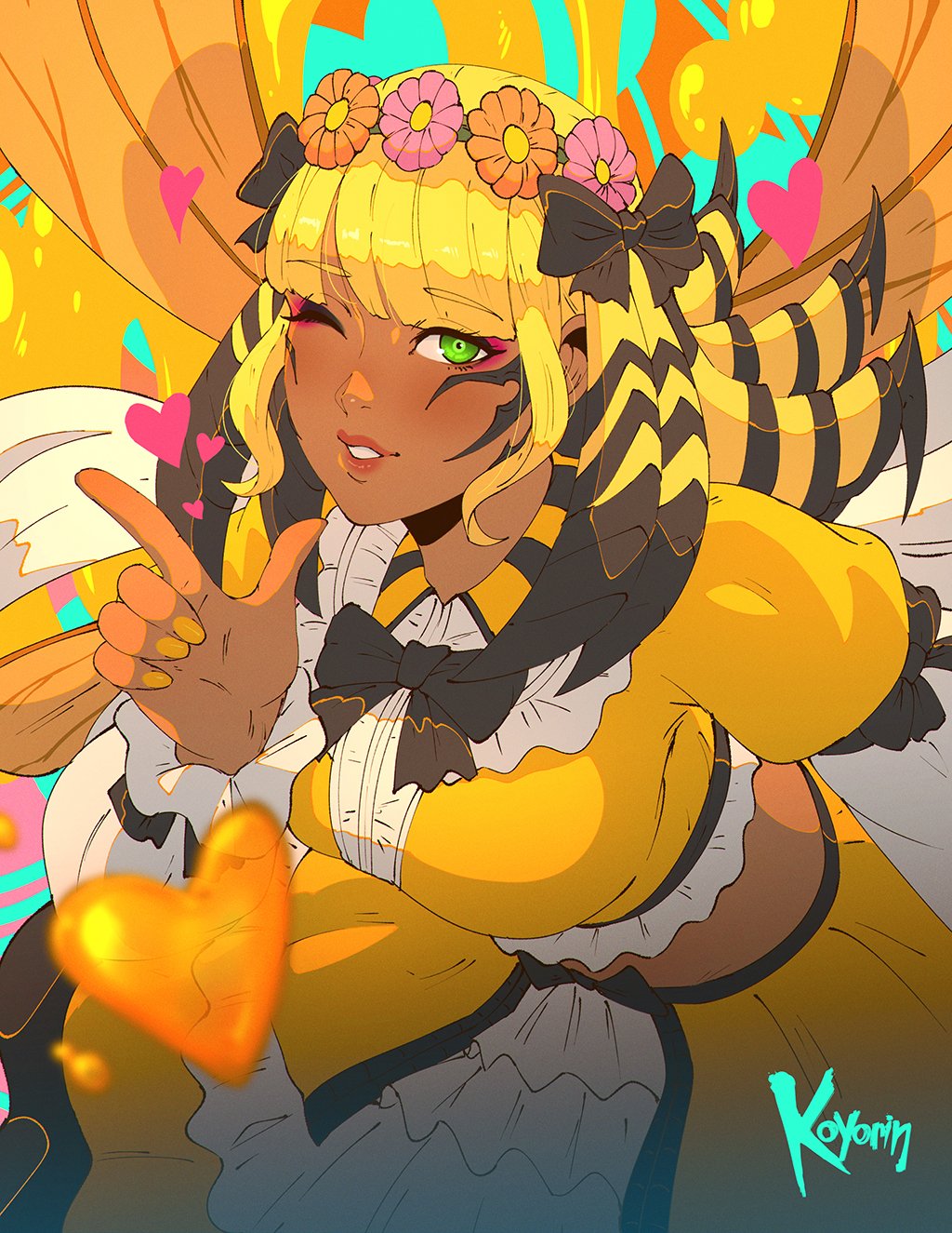 1girl, artist_name, bee_wings, black_bow, black_bowtie, black_hair, blonde_hair, bow