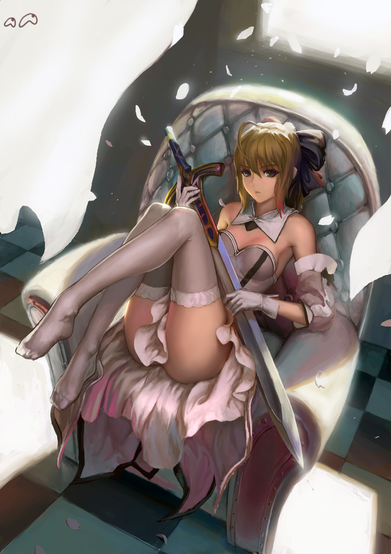 ahoge, armchair, ass, bare_shoulders, blonde_hair, chair, checkered, checkered_floor